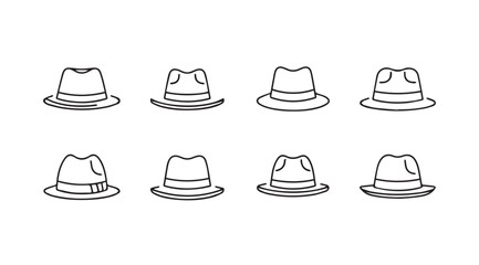Collection of eight hand-drawn fedora hats in sketch style with subtle shading detail vector