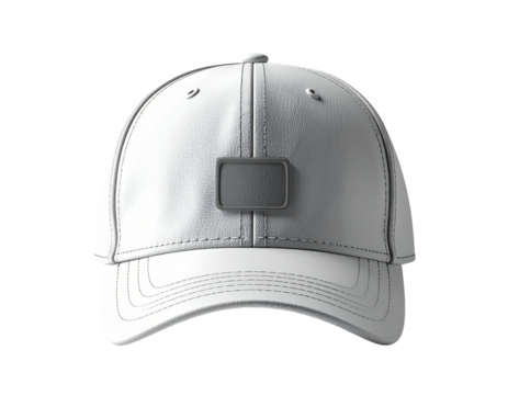 A detailed studio shot showcases a plain, white baseball cap with a gray patch