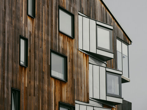 Close-up of modern building with wood paneling