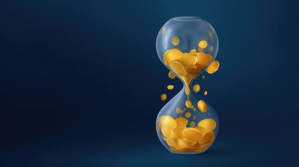 Abstract hourglass filled with golden coins representing time, wealth, and financial growth against a dark blue background creating an elegant visual balance for creative projects.