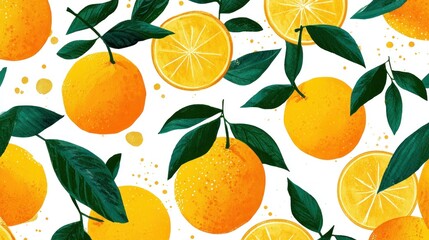 Vibrant Hand-Painted Orange Fruit and Leaf Seamless Pattern with Textured Splatters
