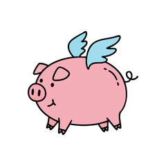 (Cute Winged Swine Drawing. This playful airborne animal represents dreams coming true or the seemingly impossible. A delightful graphic for luck and aspiration.)