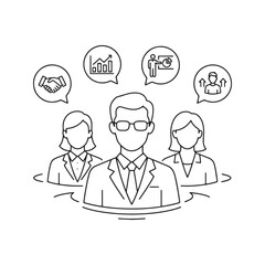 Business team collaboration and communication concept. Group of people with speech bubbles containing icons for growth, partnership, data analysis, and success. Outline vector illustration.
