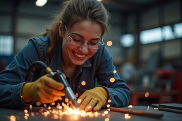 Smiling Female Welder in Action: Close-Up Shot in Workshop with Sparks Flying