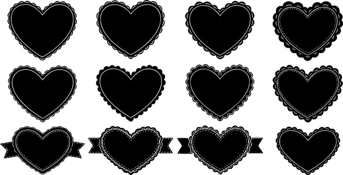 Scalloped Edge Stitched Heart Frame Badge Set. Simple label sticker template. Cute Valentines Day frill ornament. Vector illustration isolated on white background.