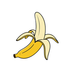 (Peeled Banana Cartoon Art. Vibrant yellow fruit, partially unpeeled, captured in a clean cartoon style. Represents natural energy, healthy eating, and simple goodness.)