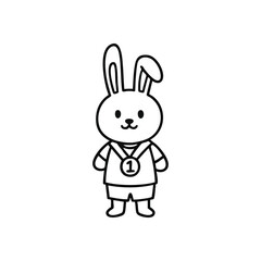 Fototapeta premium (Cute Rabbit First Place Medal. A joyful hare character proudly displays its number one award, representing success, triumph, and top achievement. Simple vector design.)