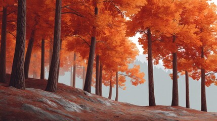 Vibrant Autumn Landscape with Orange Foliage and Towering Trees in a Mystical Forest Setting Captivating Nature Scene with Soft Misty Background