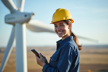Female Wind Turbine Technician Smiling While Demonstrating the Innovation and Technology of Renewable Energy