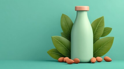 Fresh Almond Milk in a Minimalist Setting with Green Leaves and Nuts on a Vibrant Teal Background for Healthy Lifestyle Concepts and Plant-Based Diet Ideas
