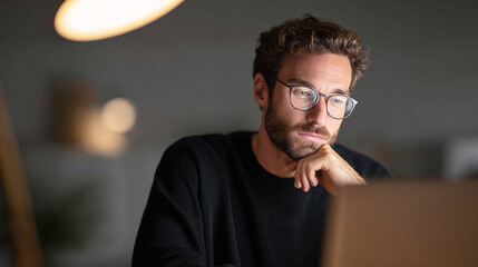Contemplative man with glasses working late at night on a laptop. Represents focus, intelligence, remote work, and problemsolving. Use for business or tech themes.