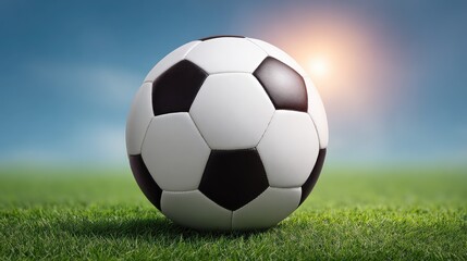 Fototapeta premium High-Quality Soccer Ball on Lush Green Grass with a Bright Sun in the Background, Perfect for Sports-Themed Projects and Athletic Promotions
