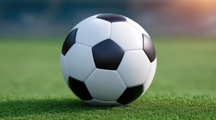 Fototapeta premium Realistic soccer ball on green grass field, showcasing classic design with black and white panels, perfect for sports related themes in photography, advertising, or publications.