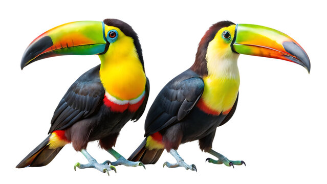 Two vibrant toucans side by side with colorful beaks against a stark backdrop