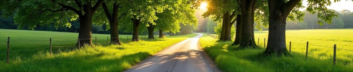 Serene Country Lane Sunlight Dapples Fall Foliage in Picturesque Landscape, Ideal for Travel, Nature & Rural Themes