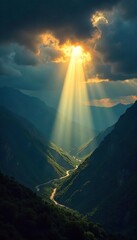A Ray of Hope Sunlight Pierces Dark Clouds, Revealing a Hidden Valley Below.  The dramatic scene evokes a sense of discovery, new beginnings, and untouched beauty.