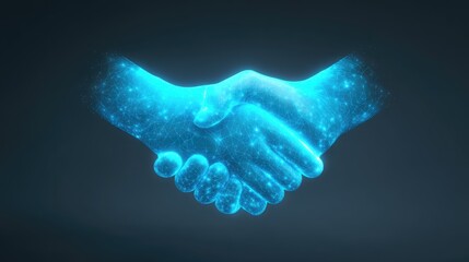 Futuristic Digital Handshake Symbolizing Partnership and Collaboration in a Tech-Driven World with Neon Lights and Abstract Design Elements
