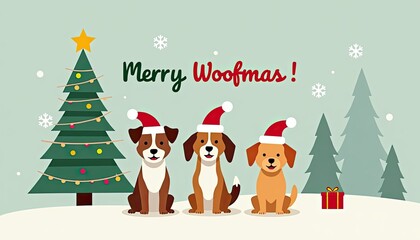 Three cute dogs wearing santa hats sit in front of a decorated christmas tree with the text merry woofmas and snowflakes falling, evoking a festive and joyful holiday spirit