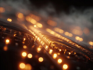 Abstract, hightech background.  Golden light flows through circuit pathways, conveying connectivity, data, and technological advancement. Great for digital themes.