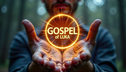 Man's hands holding glowing "Gospel of Luka" text against dark background, New Testament, Bible	