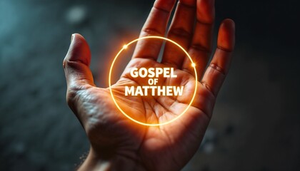 Hand holding glowing "Gospel of Matthew" text against dark background, New Testament, Bible