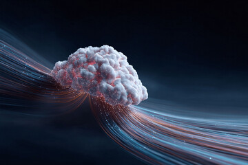 Abstract digital cloud flowing on wavelike data streams. Conceptual tech image for cloud computing, connectivity, innovation or AI. Modern design.