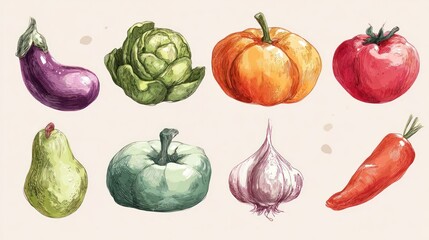 Hand-Drawn Vegetable Medley: Artistic Illustrations of Fresh Produce