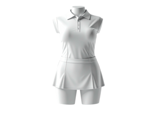 Front view of a white athletic outfit on a mannequin with collar, buttons, pocket, and pleated skirt