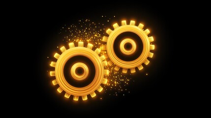 Naklejka premium Two Glowing Golden Gears Interacting with Sparks and Lights on a Black Background, Perfect for Symbolizing Industrial Machinery, Technology, and Innovation