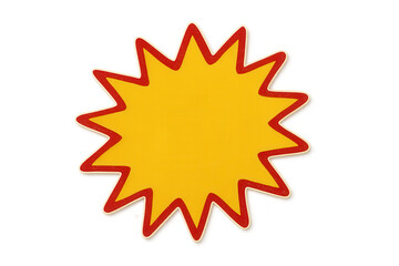 Blank yellow starburst shape label with red border, empty advertising price tag or promotion sticker, transparent background