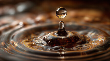 A droplet of a dark beverage creating a ripple, backlit with golden light.