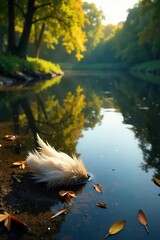 Serene Pond at Sunrise Sunlight Illuminates Tranquil Water Reflected with Fallen Feathers and Trees