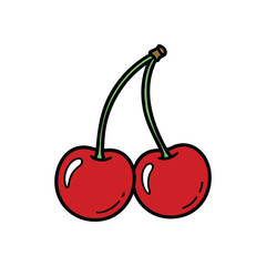 (Bright Sweet Cherries Illustration. This lively graphic depicts two delectable ruby fruits. It evokes warmth, sunshine, and a delightful wholesome treat, perfect for designs.)