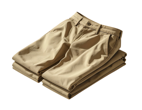 Folded light-brown casual trousers on a dark surface, lit by sunlight, presenting a neat and clean view