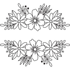 Elegant Floral Arrangement Outline Decorative Border Element for Design Projects with Transparent Background and Black Ink Line Art