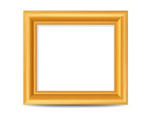 Fototapeta premium A golden, square-shaped picture frame with a white void in the center, casting a soft shadow below