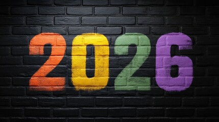 Colorful Graffiti Style Number Art Representing the Year 2026 on a Dark Brick Wall Background for Modern and Trendy Design Concepts