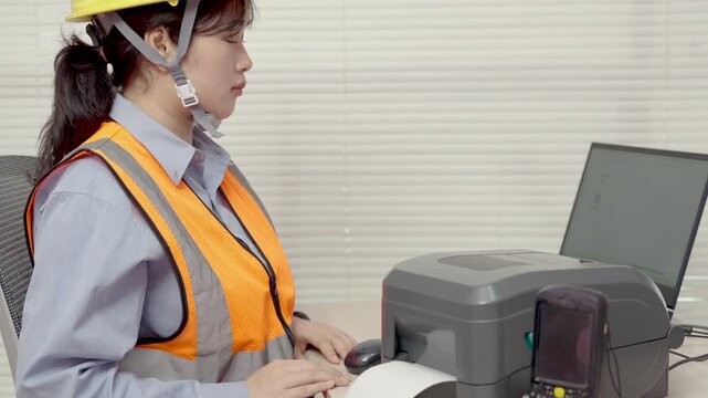 Beautiful Asian woman uses a laptop or notebook to print bar code stickers on a bar code printer.