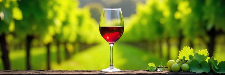 Elegant Red Wine Glass in Sunlit Vineyard Perfect for Wine Tasting, Winery, or Vineyard Marketing