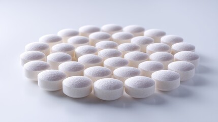 Collection of White Circular Tablets Arranged Symmetrically Over a Light Background for Healthcare and Pharmaceutical Use