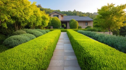 Fototapeta premium Serene Landscape with Lush Green Hedges and Pathway Leading to Modern Home Surrounded by Vibrant Trees and Tranquil Nature in the Morning Light