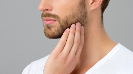 Fototapeta premium Man Touching Face with Well-Groomed Beard in Soft Light Against Neutral Background