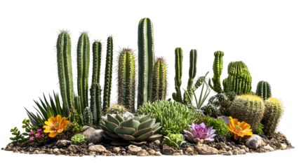 Close up view of assorted desert plants in a rock garden arrangement