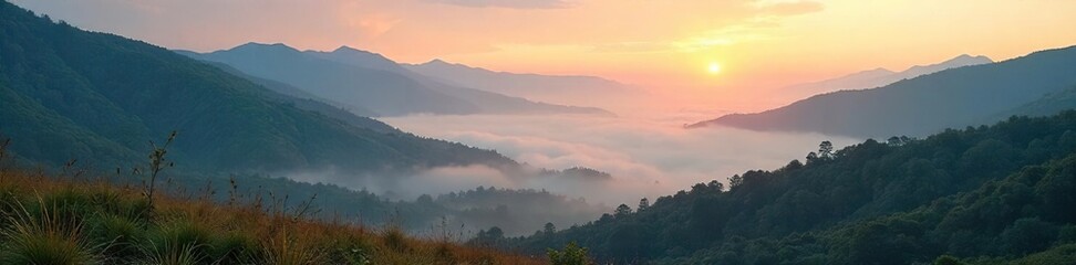 Serene Dawn Landscape Mist-Shrouded Valley at Sunrise, Ethereal Beauty of Nature