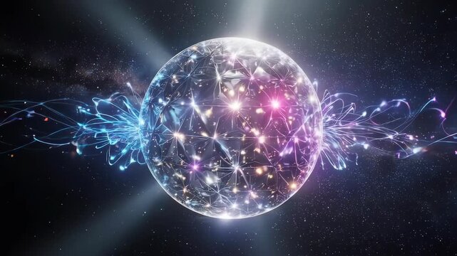 Abstract animation of a quantum computer core with glowing qubits and energy fields. Represents futuristic technology, high-performance computing, and scientific innovation.