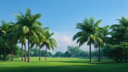 Lush Green Tropical Landscape with Palm Trees under Clear Blue Sky, Showcasing Vibrant Nature and Peaceful Outdoor Environment for Relaxation and Recreation