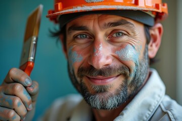 Portrait of a Gritty and Skilled Painting Contractor, Covered in Paint and Holding a Brush with Professionalism