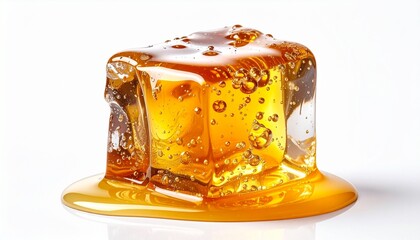 An ultra-macro shot of a melting ice cube coated in thick, golden honey with bubbles.