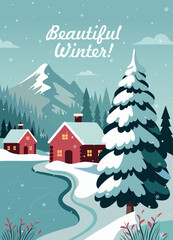 Fototapeta premium Winter vector illustration featuring a cozy cottage on the shore of a frozen lake, a snow-covered forest, a mountain view. For Christmas, New Year's cards, backgrounds, holiday designs, social media