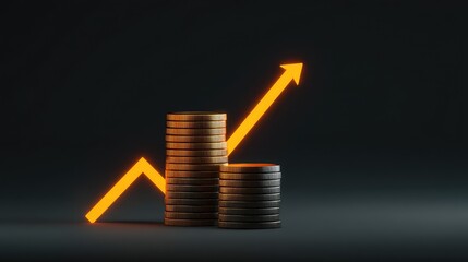 Abstract representation of financial growth with stacks of coins and an upward arrow symbolizing success, investment, and wealth accumulation in a dark background.